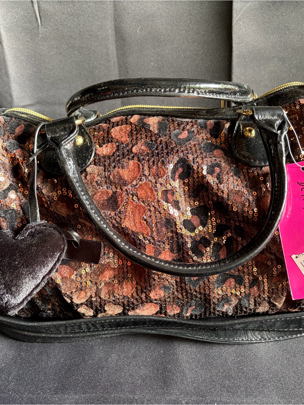 Betsey Johnson Sequin Leopard Print Satchel Handbag - Black and Brown